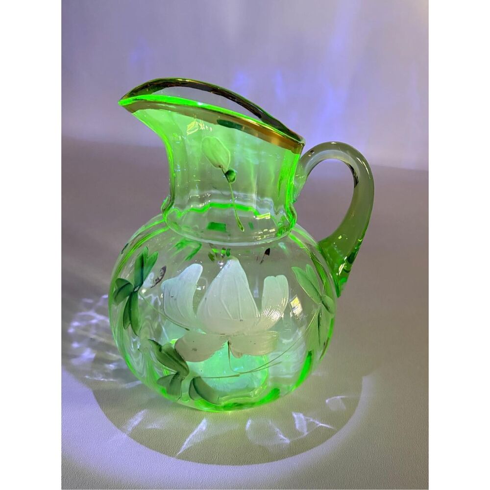 Vintage Vaseline Uranium Glass Hand Painted Floral Green Pitcher Gold Trim 10in